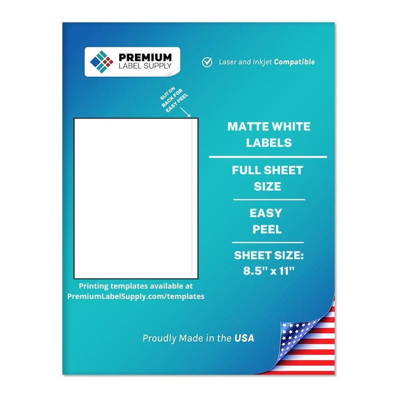 Premium Label Supply White Sticker Full Sheet Shipping Labels - 8.5"" x 11"" - Laser/Inkjet Compatible - (1 per Sheet), 25 Sheets - Letter Size - Image 1
